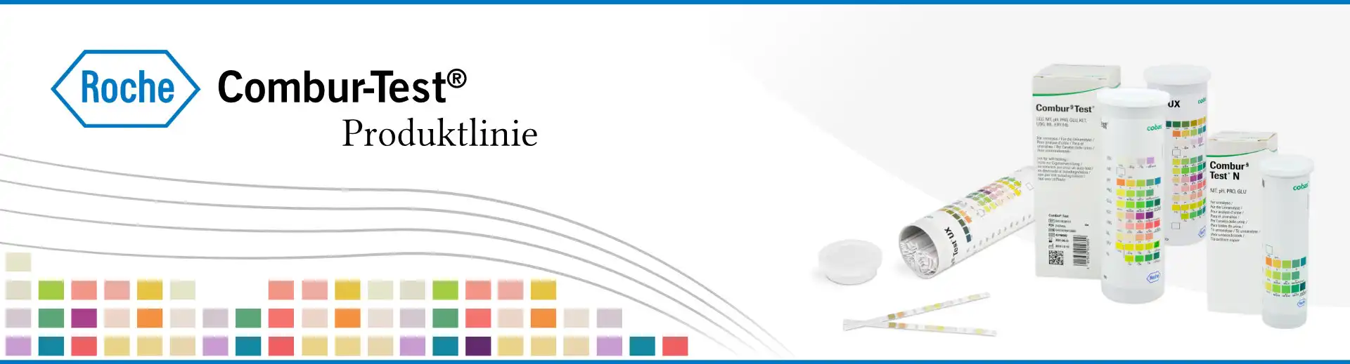 Banner: Combur-Tests und Logo und Farbquadrate