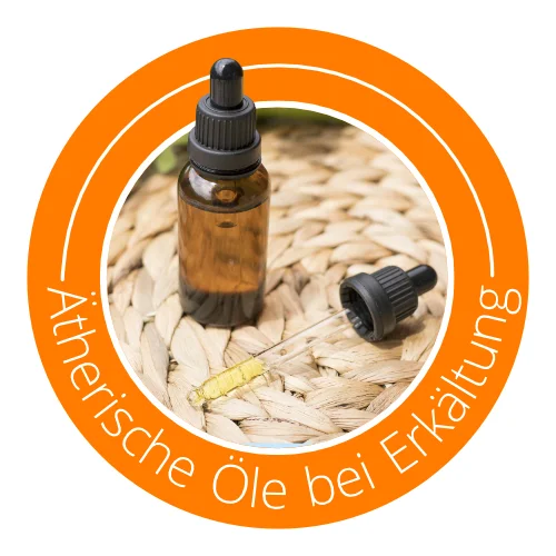 Icon mit Ölfläschchen, Text: Ätherische-Öle-bei-Erkältung