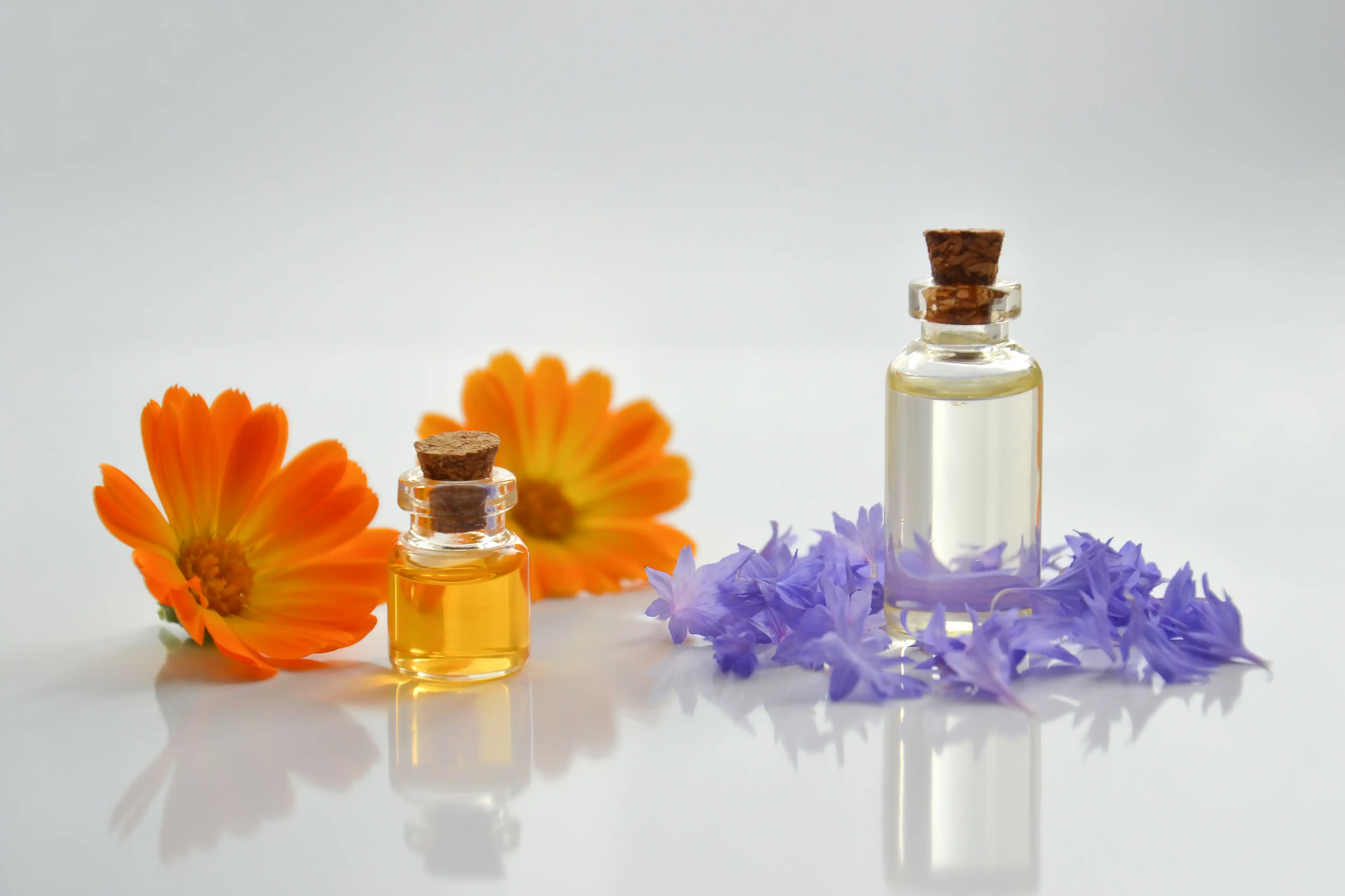 Blüten und Ölfläschchen auf einer Glasfläche