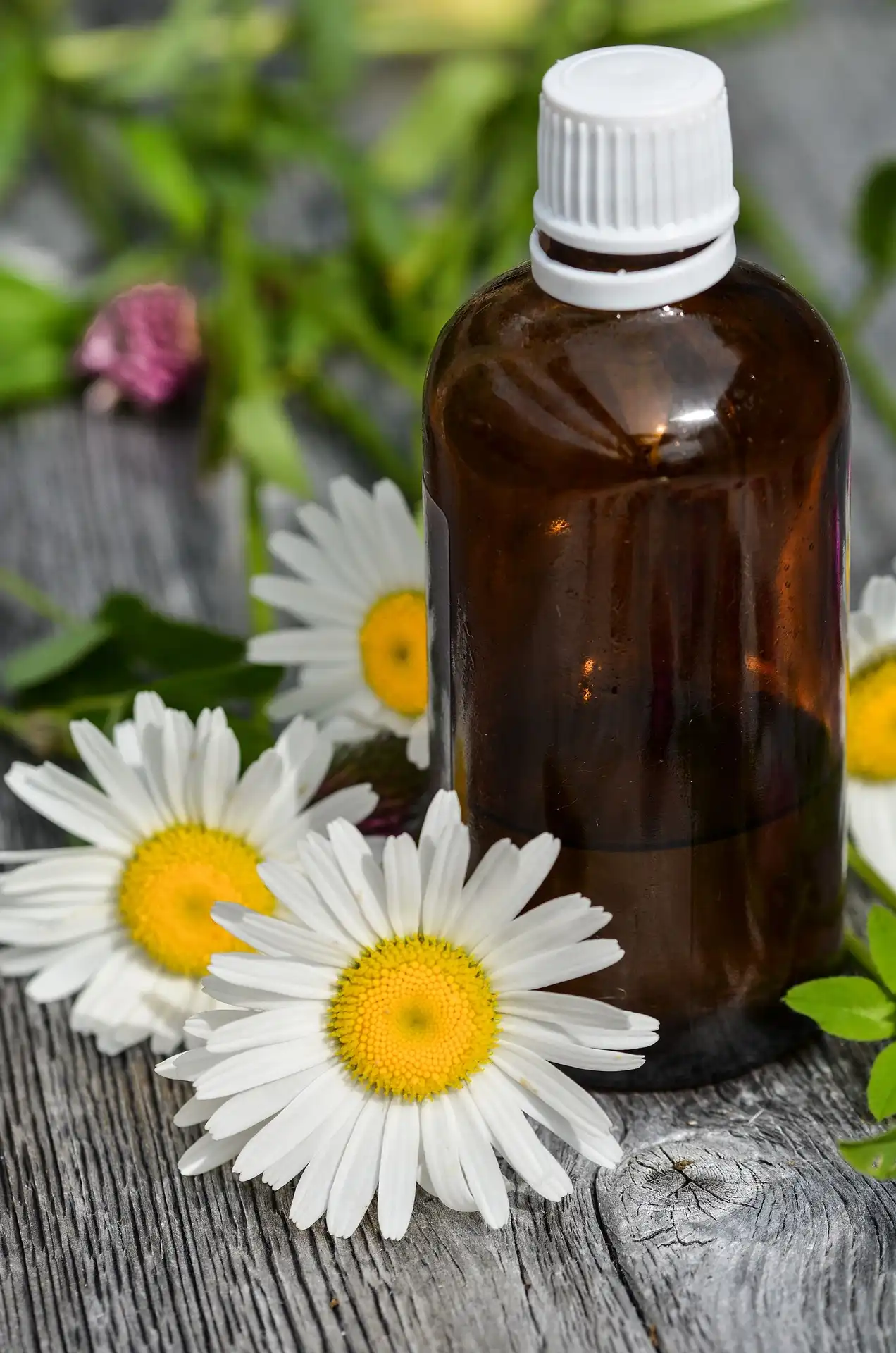 Blüten und Ölfläschchen auf einem Holztisch