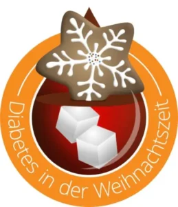 Icon-Grafik Zimtstern und Zuckerwürfel in Blutstropfen, Text: Diabetes in der Weihnachtszeit