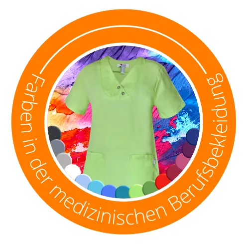 Icon Farben in der medizinischen Berufsbekleidung, grüner Kasack mit bunter Farbpalette