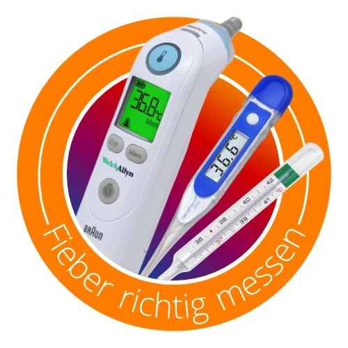 Icon mit Fieberthermometern, Text: Fieber richtig messen