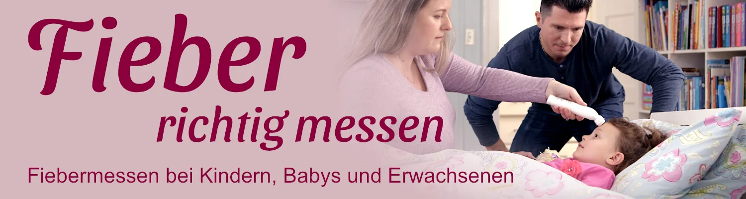 Banner, besorgte Eltern messen Fieber, Text: Fieber richtig messen - Fiebermessen bei Kindern, Babys und Erwachsenen