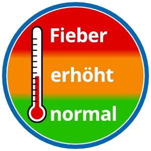 Grafik Thermometerskala auf Hintergrund: Rot (Fieber), Gelb (erhöht), Grün (normal)