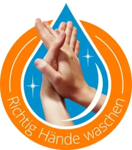 Icon-Bild Tropfenform mit sich waschende Hände in der Mitte, Text: Richtig Hände waschen