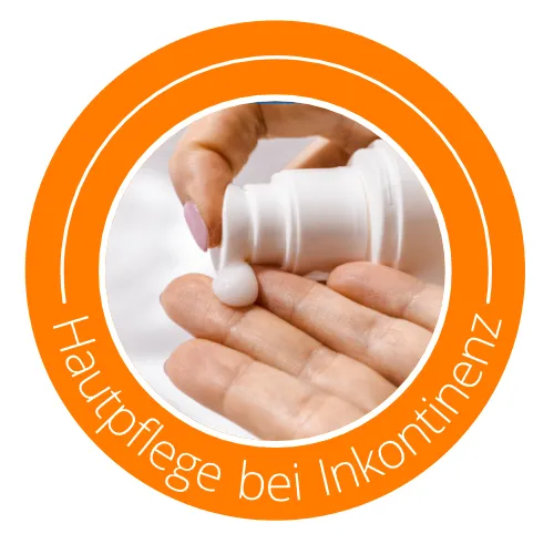 Icon-Bild Creme auf Hand, Text: Hautpflege bei Inkontinenz