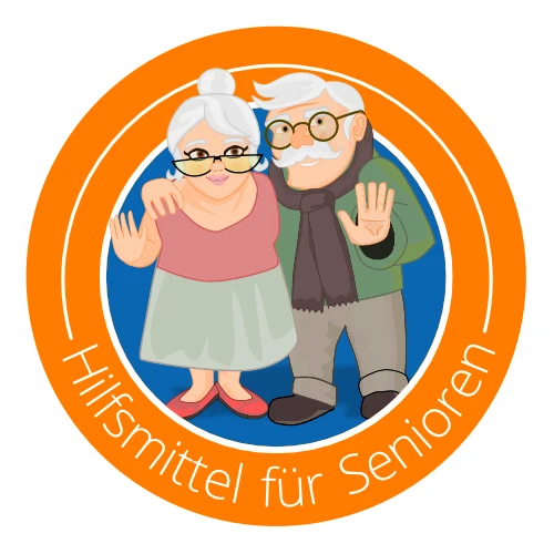 Icon-Grafik mit Senioren, Text: Hilfsmittel-für-Senioren