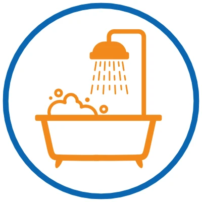 Grafik, Badewanne mit laufender Dusche und Schaum