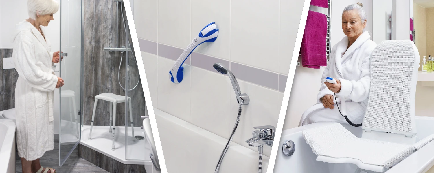 ältere Frau mit Hilfsmitteln im Badezimmer