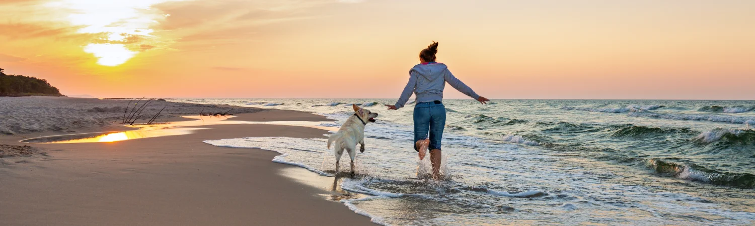 Banner Frau mit Hund rennen den Strand entlang