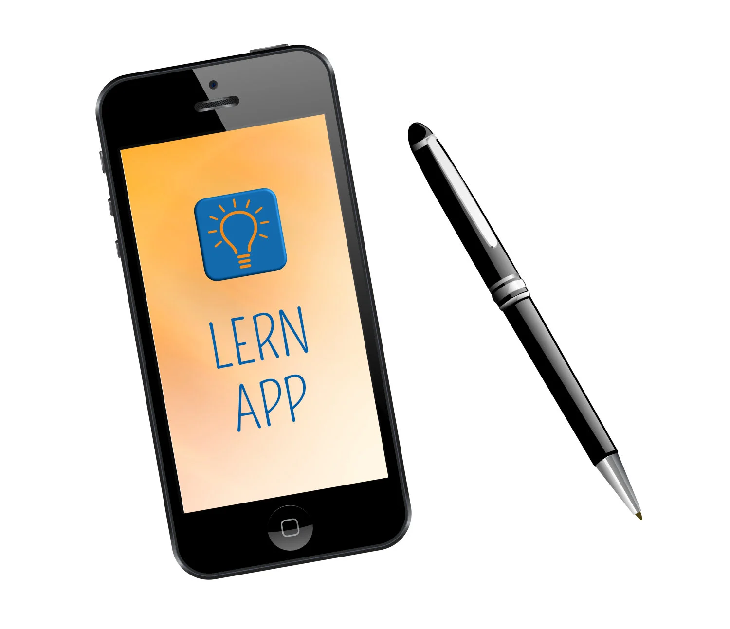Stift und Smartphone mit Glühbirnen-Icon und Text: Lern App