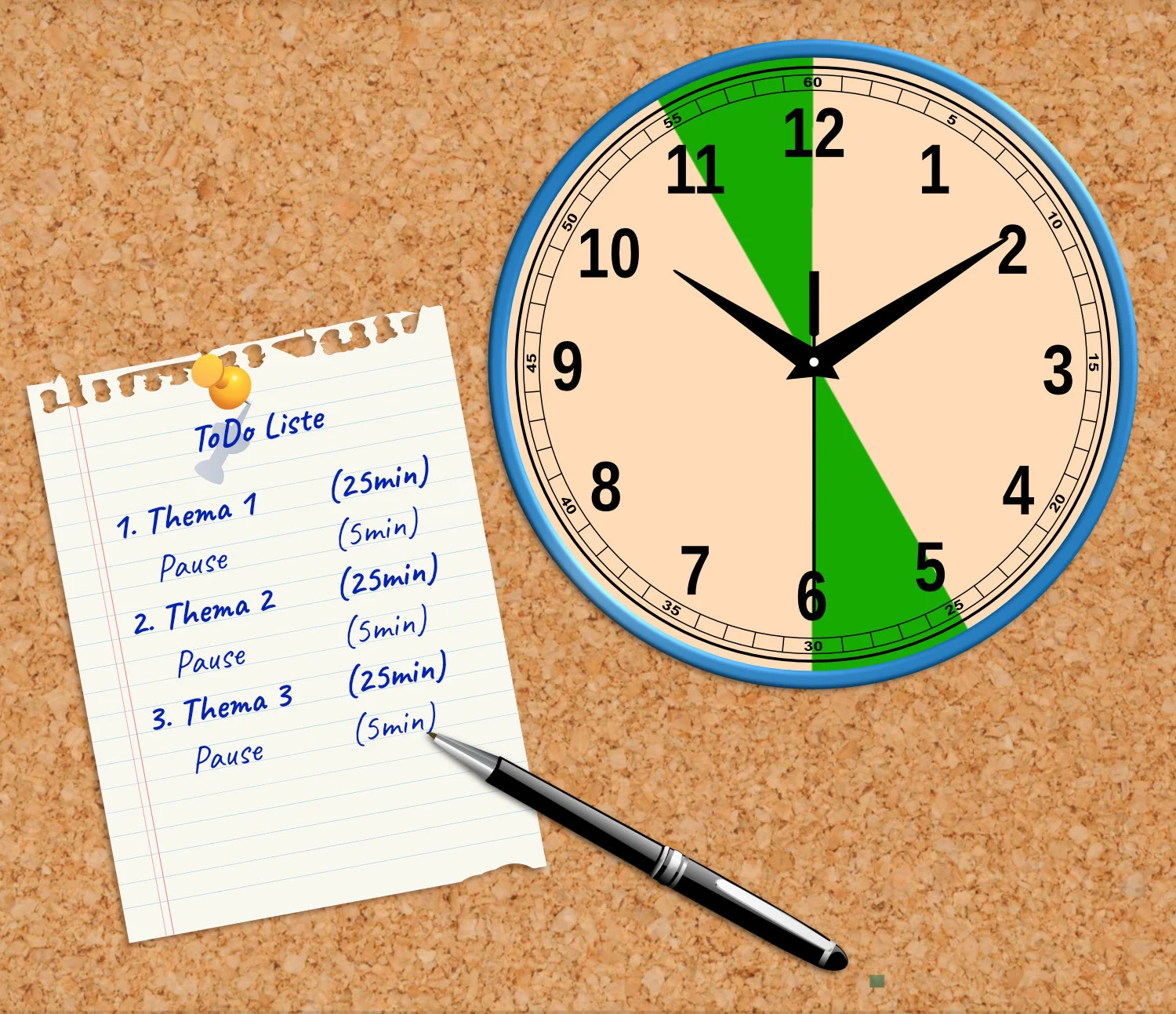 To-do-Liste Uhr mit Zeigern und markierten Bereich