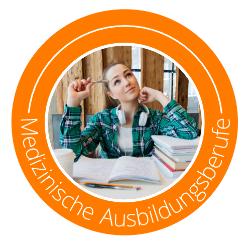 Icon-Bild Studentin beim lernen mit Büchern, Text:  Medizinische Ausbildungsberufe