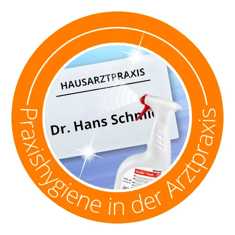 Icon Praxishygiene-in-der-Arztpraxis, Praxisschild und Putzflasche