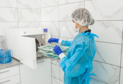 Frau in Schutzkleidung bedient Sterilisator