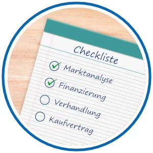 Checkliste, Marktanalyse und Finanzierung abgehakt, Verhandlung und Kaufvertrag noch offen