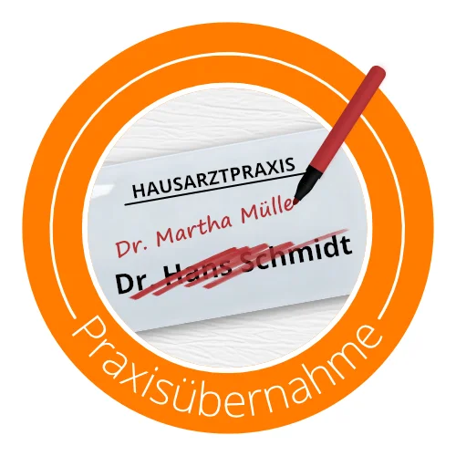 Icon-Bild Praxisschild mit durchgestrichenen und neu hingeschriebenem Namen, Text: Praxisübernahme 