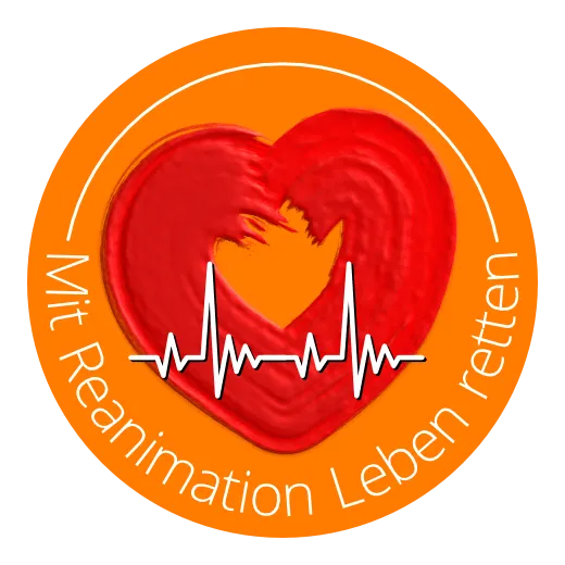 Icon-Grafik, gemaltes Herz mit Puls, Text-Reanimation-Leben-retten