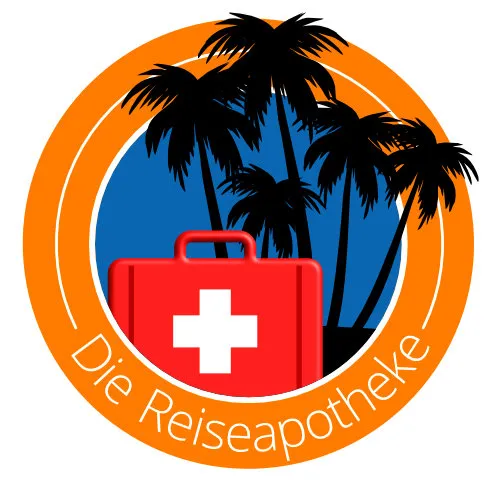 Icon-Grafik Erste-Hilfe-Koffer und Palmen, Text: Die Reiseapotheke