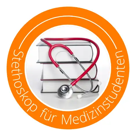 Icon-Bild Bücher mit rotem Stethoskop, Text: Stethoskop für Medizinstudenten, 
