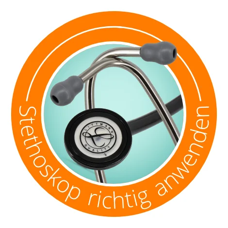 Icon Bild Stethoskop in Nahaufnahme, Text: Stethoskop richtig anwenden, 