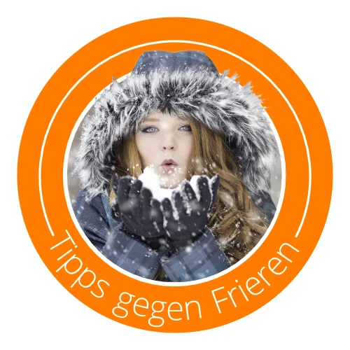 Icon Frau im Pelzmantel mit Schnee, Text: Tipps gegen Frieren